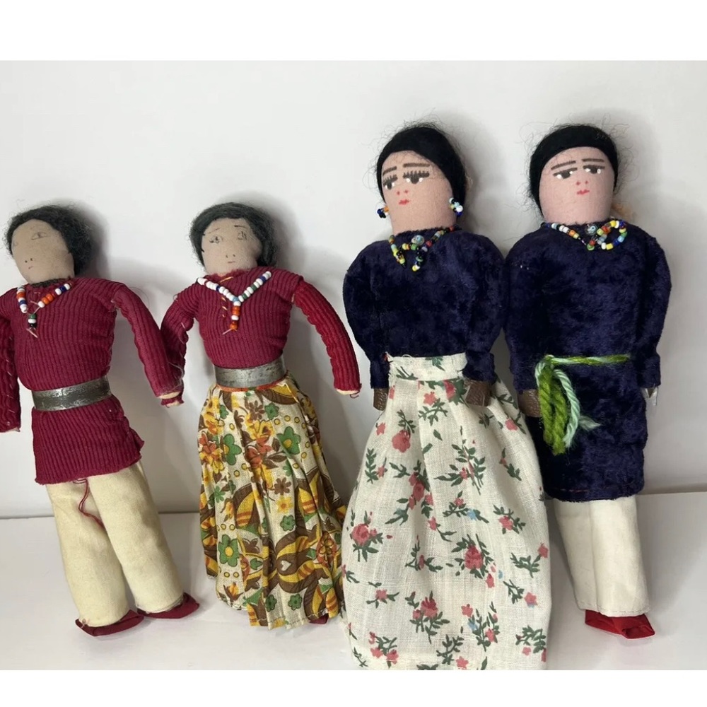 Vintage Native American Hand Made Lot 4 Pair of Navajo Indian Dolls Tribe